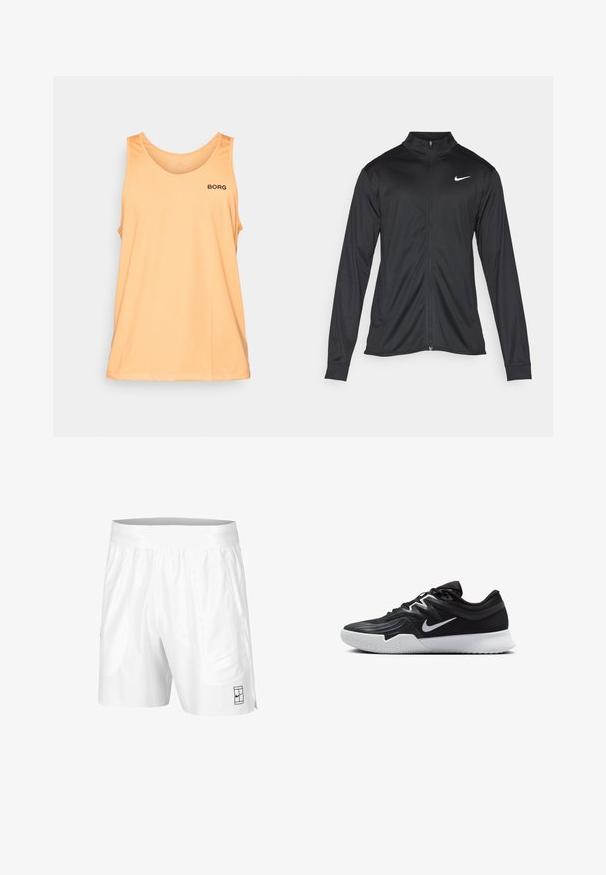 Fekete sportdzseki hosszú ujjal, gallérral és teljes cipzárral. Diszkrét fehér Nike logóval az upper bal mellen. Sima textúra.; Űrbarack színű ujjatlan felső, könnyű anyagból készült, kerek nyakkivágással és kis fekete "BORG" logóval a bal mellen.; Fehér sportnadrág rugalmas derékkal, két oldalsó zsebbel és egy kis fekete logó részlettel az alsó elején. Sima textúra.; Fekete sportcipő texturált felsőrésszel, fehér Nike logóval és fehér gumitalppal. Fűzős kialakítással és dinamikus formával rendelkezik.