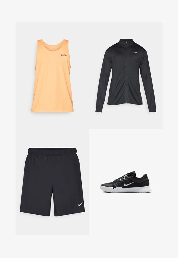 Must värvi sportlik jakk pikkade varrukatega, krae ja täispikk tõmblukk. Ülemises vasakus rinnas on diskreetne valge Nike logo. Sile tekstuur.; Pehmea virsikuvärvi tank top kergest kangast, ümmarguse kaeluse ja väikese musta "BORG" logoga vasakul rindkerel.; Mustad mustikud lühikesed püksid, mis on valmistatud kergest materjalist ja millel on elastne vöökoht. Alumisel vasakul küljel on väike valge Nike logo.; Must mustad jalanikesad rikaste ülaservaga, valge Nike swoosh'i ja valge kummist välispõhjaga. Omab paeltega sulgemisdetaili ja dünaamilist kuju.
