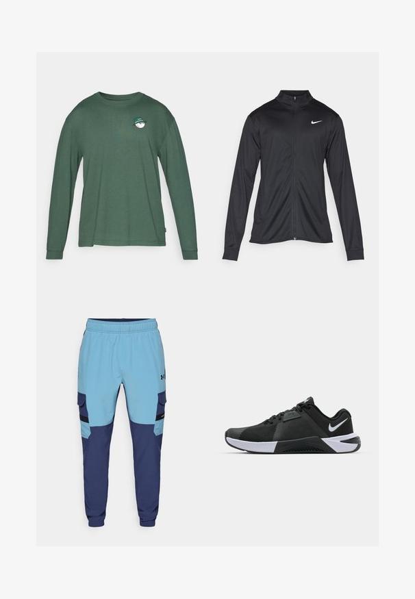 Melna sporta jaka ar garām piedurknēm, apkakli un pilnu rāvējslēdzēju. Uz kreisā krūts augšdaļas ir maigs Nike logo baltā krāsā. Gluda tekstūra.; Tumši zaļš garām piedurknēm T-krekls, izgatavots no mīksta kokvilnas. Uz krūtīm ir neliels balts grafiskais attēls ar zaļu cepuri. Apaļš kakla izgriezums.; Zili un tumši zili sporta bikses ar elastīgu jostu, sānu kabatām un cargo stila akcentiem. Izgatavotas no mīksta, elpojoša auduma.; Nike Performance METCON 10 - Treniņkurpes - black/white/anthracite