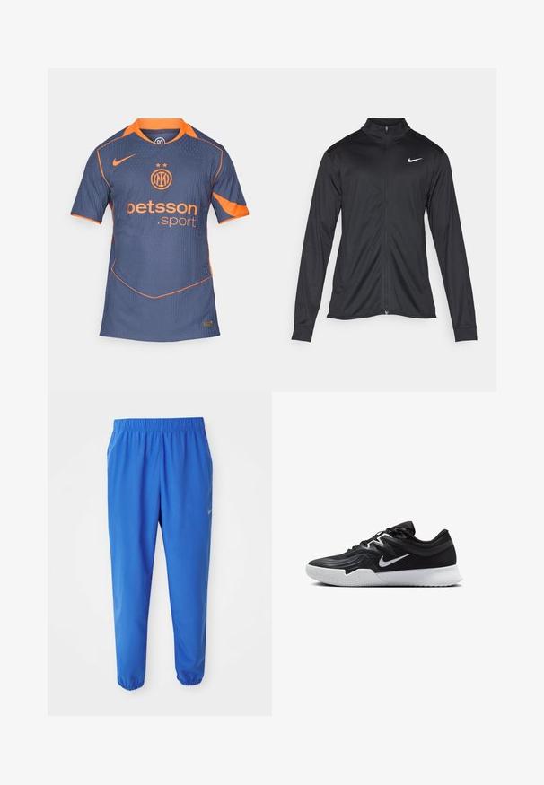 Jachetă sportivă neagră cu mâneci lungi, guler și fermoar complet. Prezintă un logo Nike subtil, alb, pe pieptul din stânga sus. Textură netedă.; Tricou sportiv de culoare albastru marin cu accente portocalii. Prezintă dungi verticale, guler rotund și mâneci scurte. Logo-ul și sponsorul sunt afișate proeminent.; Pantaloni sportivi blue cu talie elastică, design cu picior drept și manșete înguste. Prezintă logo-ul Nike în auriu pe partea stângă.; Pantof sport negru cu un superior texturat, swoosh alb Nike și o tălpică din cauciuc alb. Dispune de un design cu șireturi și o formă dinamică.