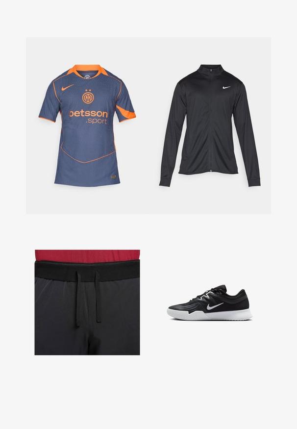 Fekete sportdzseki hosszú ujjal, gallérral és teljes cipzárral. Diszkrét fehér Nike logóval az upper bal mellen. Sima textúra.; Tengerészkék sportmez narancssárga kiemelésekkel. Függőleges csíkokkal, kerek nyakkivágással és rövid ujjal rendelkezik. A logó és a szponzor kiemelten látható.; Fekete sportnadrág széles derékrésszel rendelkezik, külső zsinórral. Az anyaga sima, enyhén fényes, és nincs rajta látható minta.; Fekete sportcipő texturált felsőrésszel, fehér Nike logóval és fehér gumitalppal. Fűzős kialakítással és dinamikus formával rendelkezik.