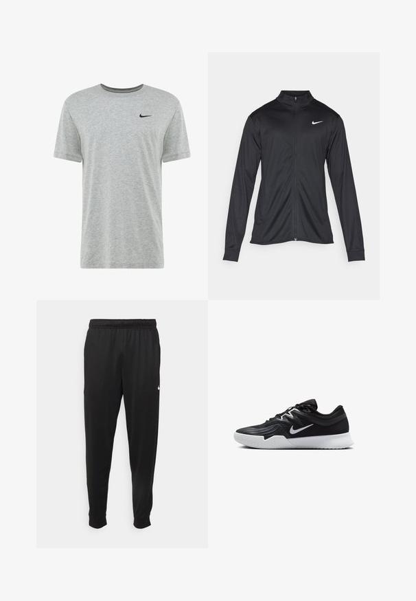 Giacca sportiva nera con maniche lunghe, colletto e zip completa. Presenta un logo Nike in bianco sulla parte superiore del lato sinistro del petto. Tessuto morbido.; T-shirt grigio in cotone con scollatura tonda, maniche corte e un piccolo logo Nike nero sul petto. Texture liscia, design casual.; Pantaloni sportivi neri realizzati in tessuto liscio, con una vita elastica, gambe affusolate e un piccolo logo bianco sul lato sinistro.; Scarpa sportiva nera con tomaia testurizzata, logo Nike swoosh bianco e suola in gomma bianca. Presenta un design con lacci e una forma dinamica.