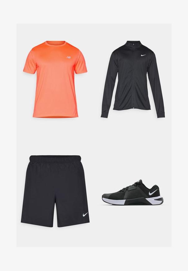 Must värvi sportlik jakk pikkade varrukatega, krae ja täispikk tõmblukk. Ülemises vasakus rinnas on diskreetne valge Nike logo. Sile tekstuur.; Lühikeste varrukatega spordisärk erksast oranžist kangast, millel on õrn ribiline tekstuur ja väike valge logo vasakul rinnal.; Mustad mustikud lühikesed püksid, mis on valmistatud kergest materjalist ja millel on elastne vöökoht. Alumisel vasakul küljel on väike valge Nike logo.; Nike Performance METCON 10 - Treeningjalatsid - black/white/anthracite