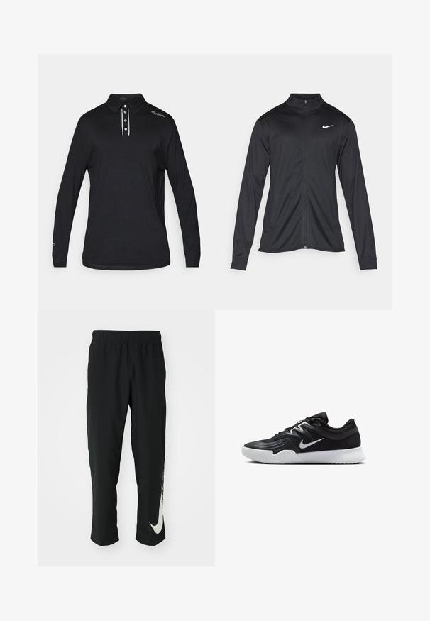 Must värvi sportlik jakk pikkade varrukatega, krae ja täispikk tõmblukk. Ülemises vasakus rinnas on diskreetne valge Nike logo. Sile tekstuur.; Pikend varrukatega must polo särk, mis on valmistatud siledast kangast, millel on krae, kolmepunktne nööbiplokk ja valged aktsendid nööbiploki ja õla peal.; Mustad mustad sportlikud püksid elastse vöökohtadega, kitseneva disainiga, millel on vasakul jalal suur valge Nike logo. Pehme, kerge kangas.; Must mustad jalanikesad rikaste ülaservaga, valge Nike swoosh'i ja valge kummist välispõhjaga. Omab paeltega sulgemisdetaili ja dünaamilist kuju.
