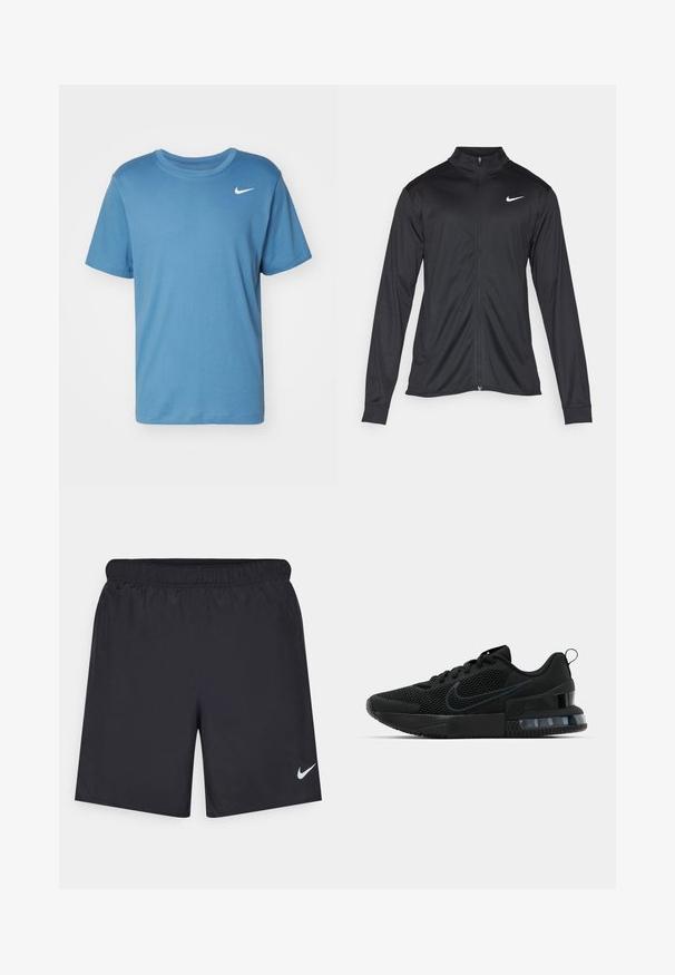 Svart idrettsjakke med lange ermer, krage og full glidelås. Har en subtil Nike-logo i hvitt på øvre venstre bryst. Glatt tekstur.; Nike Performance TEE CREW SOLID - T-skjorte til trening - aegean storm; Svart sportskjørt laget av lett materiale med elastisk linning. Har en liten hvit Nike-logo nederst til venstre.; Svarte Nike-sneakers med mesh-overdel, teksturert såle og synlig luftpute i hælen. Detaljer og logo i en mørkere svart nyanse.