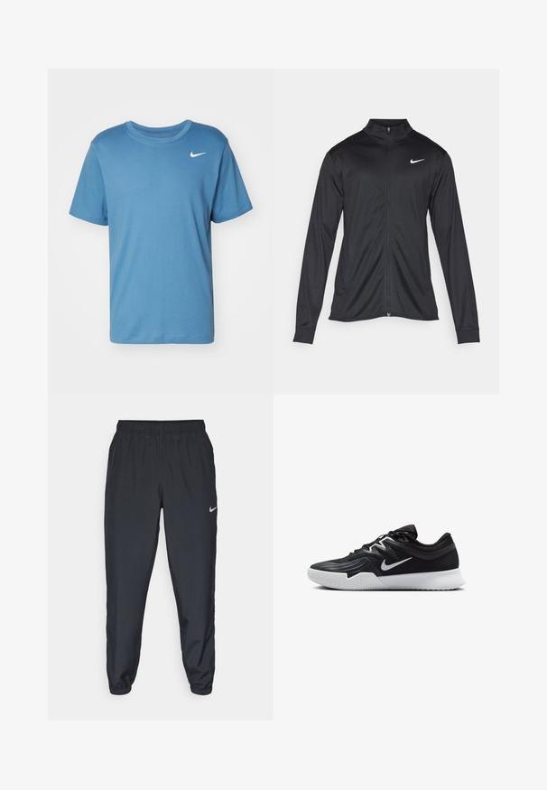 Must värvi sportlik jakk pikkade varrukatega, krae ja täispikk tõmblukk. Ülemises vasakus rinnas on diskreetne valge Nike logo. Sile tekstuur.; Nike Performance TEE CREW SOLID - Spordi T-särk - aegean storm; Kerged mustad spordipüksid, mis on valmistatud kerge kangaga, elastse vöökoha, pahkluude mansettide ja diskreetse Nike logo abil vasakul külgedel.; Must mustad jalanikesad rikaste ülaservaga, valge Nike swoosh'i ja valge kummist välispõhjaga. Omab paeltega sulgemisdetaili ja dünaamilist kuju.