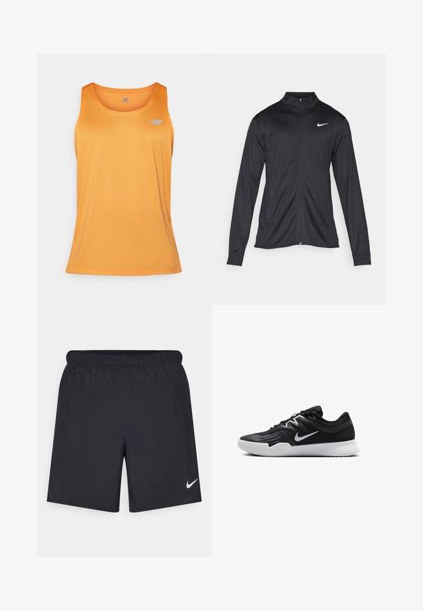 Svart idrettsjakke med lange ermer, krage og full glidelås. Har en subtil Nike-logo i hvitt på øvre venstre bryst. Glatt tekstur.; New Balance Topper - sizzle; Svart sportskjørt laget av lett materiale med elastisk linning. Har en liten hvit Nike-logo nederst til venstre.; Svart treningssko med teksturert overdel, hvit Nike-swoosh og hvit gummisåle. Har snøring og en dynamisk form.