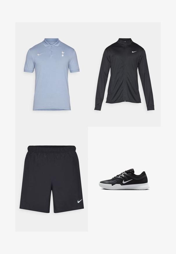 Crna sportska jakna s dugim rukavima, ovratnikom i punim patentnim zatvaračem. Ima suptilan Nike logo u bijeloj boji na gornjem lijevom dijelu prsne oznake. Glatka tekstura.; Svijetloplava polo majica s kragnom, kratkim rukavima i Nike logotipom. Sadrži emblem Spursa na lijevoj strani prsnog područja. Mekana tekstura.; Crne atletske kratke hlače od laganog materijala s elastičnom tačkom. Imaju mali bijeli Nike logo na donjoj lijevoj strani.; Crna sportska cipela s teksturiranim gornjim dijelom, bijelim Nike swooshom i bijelim gumennim potplatom. Ima dizajn s vezanjem i dinamičan oblik.