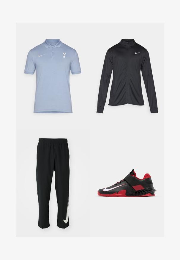 Must värvi sportlik jakk pikkade varrukatega, krae ja täispikk tõmblukk. Ülemises vasakus rinnas on diskreetne valge Nike logo. Sile tekstuur.; Helesin sinine polo-särk, millel on krae, lühikesed varrukad ja Nike logo. Vasakul rinnakorvil on Spursi emblem. Pehme tekstuur.; Mustad mustad sportlikud püksid elastse vöökohtadega, kitseneva disainiga, millel on vasakul jalal suur valge Nike logo. Pehme, kerge kangas.; Mustvalged mustade ja punaste spordijalatsite libe disain, tekstureeritud võrgust pealisosa, tugev kummist tall ja silmapaistev valge logo aktsent.