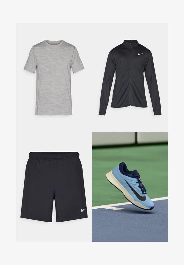 Fekete sportdzseki hosszú ujjal, gallérral és teljes cipzárral. Diszkrét fehér Nike logóval az upper bal mellen. Sima textúra.; Szürke melírozott rövid ujjú póló, kerek nyakkivágással, textúrált anyaggal és kis logós díszítéssel a mellkason. Könnyű kialakítás.; Fekete sportnadrág könnyű anyagból, rugalmas derékkal. A bal alsó oldalon egy kis fehér Nike-logó található.; Világoskék sportcipő sötétkék részletekkel, texturált hálós felsőrésszel és fekete Swoosh logóval. Párnázott középtalppal és gumitalppal rendelkezik.