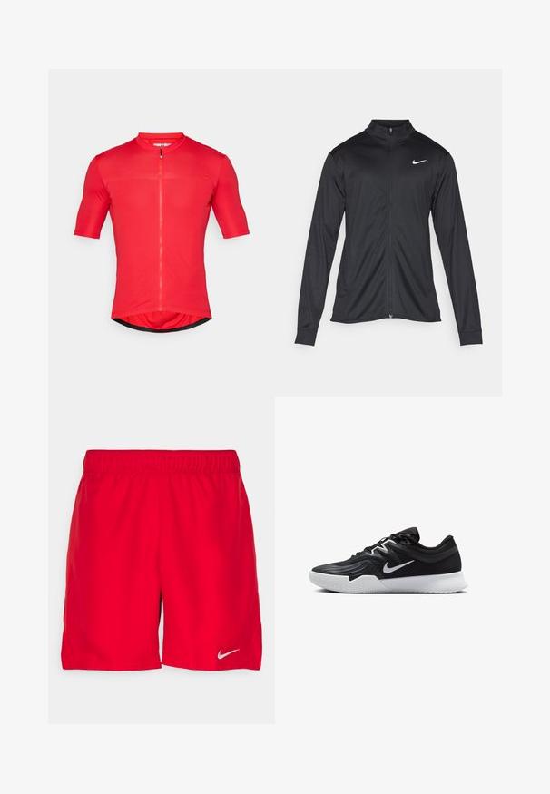 Must värvi sportlik jakk pikkade varrukatega, krae ja täispikk tõmblukk. Ülemises vasakus rinnas on diskreetne valge Nike logo. Sile tekstuur.; Punane jalgrattasärk lühikese tõmblukuga, valmistatud siledast ja kergest kangast. Omab lühikesi varrukaid ja ümarat hemmi.; Punased sportlikud lühikesed püksid elastse vöökohtaga, valmistatud kergest kangast. Vasakus alumises nurgas on väike hõbedane Nike logo.; Must mustad jalanikesad rikaste ülaservaga, valge Nike swoosh'i ja valge kummist välispõhjaga. Omab paeltega sulgemisdetaili ja dünaamilist kuju.