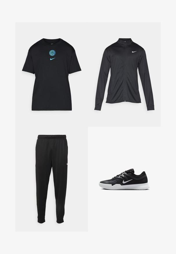 Veste de sport noire à manches longues, avec col et fermeture éclair intégrale. Présente un logo Nike subtil en blanc sur le côté supérieur gauche de la poitrine. Texture lisse.; T-shirt en coton noir avec un logo graphique turquoise au centre et un petit logo Nike sur la poitrine gauche. Manches courtes, coupe décontractée.; Pantalon de sport noir en tissu lisse, avec une taille élastique, des jambes fuselées et un petit logo blanc sur le côté gauche.; Chaussure de sport noire avec une tige texturée, un swoosh blanc de Nike et une semelle extérieure en caoutchouc blanc. Elle présente un design à lacets et une forme dynamique.
