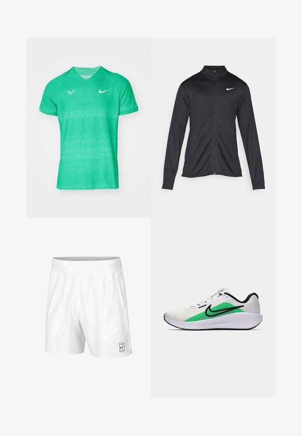 Must värvi sportlik jakk pikkade varrukatega, krae ja täispikk tõmblukk. Ülemises vasakus rinnas on diskreetne valge Nike logo. Sile tekstuur.; Roheline Nike'i spordisärk lühikeste varrukatega, V-kaelusega disain. Omab tekstuurset mustrit ja logo aktsente vasakul rinnal ja õlal.; Valged spordilühikesed püksid, mis on valmistatud kergest kangast, elastse vöökoha ja kahe küljetaskuga. Hemmi peal on väike must logo.; Valge spordijalats, millel on roheline aktsent, must logo, võrkmaterjalist pealisosa, pehmendusega tallad ja ümar kannaosa. Omab paelu ja kontrastset detaili.
