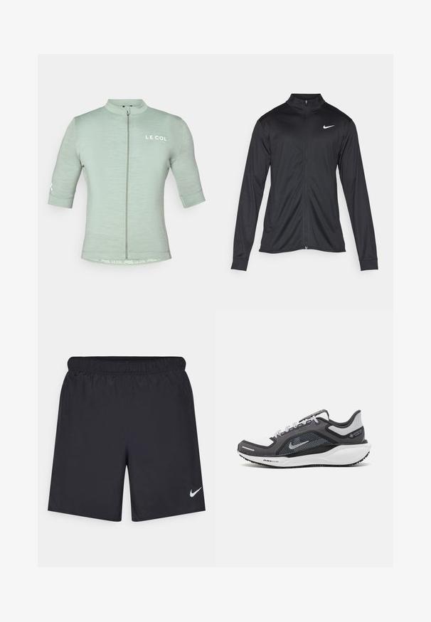 Musta urheilutakki pitkillä hihoilla, kauluksella ja kokonaisella vetoketjulla. Täydentää hienovarainen Nike-logo valkoisena vasemmassa ylärinnassa. Litteä pinta.; Vihreä lyhythihainen pyöräilypaita, jossa on vetoketju edessä, heijastava logo ja minimalistinen muotoilu; teksturoitu kangas, joka istuu lähellä kehoa.; Mustat urheilushortsit, jotka on valmistettu kevyestä materiaalista ja joissa on joustava vyötärö. Alareunassa vasemmalla puolella on pieni valkoinen Nike-logo.; Musta ja harmaa urheilukenka, jossa on verkkopäällinen, heijastavat yksityiskohdat ja valkoinen välipohja. Varustettu kuvioidulla kumipohjalla ja nauhoilla.