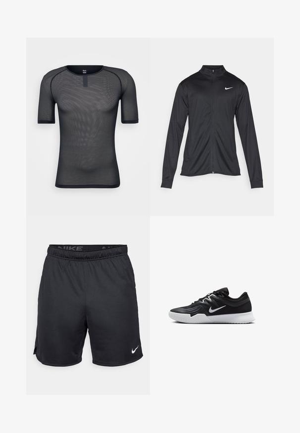 Svart idrettsjakke med lange ermer, krage og full glidelås. Har en subtil Nike-logo i hvitt på øvre venstre bryst. Glatt tekstur.; Svart mesh t-skjorte med kort erm, rund hals og subtil tekstur. Har forsterkede sømmer og et lite logomerke nær kragen.; Sorte Nike-shorts med elastisk livlinje, sideslitser og en hvit Nike-logo på den nedre kanten. Laget av lett, teksturert stoff.; Svart treningssko med teksturert overdel, hvit Nike-swoosh og hvit gummisåle. Har snøring og en dynamisk form.