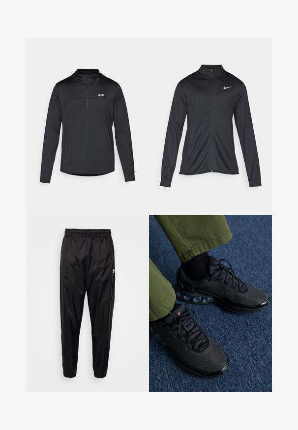 Black athletic jacket with long sleeves, collar, and full zipper. Features a subtle Nike logo in white on the upper left chest. Smooth texture.; Black long-sleeve pullover with a hood, featuring a quarter zip and a subtle logo on the chest, made from lightweight, breathable fabric.; Black track pants made of lightweight, shiny material with an elastic waistband, tapered fit, and zippered pockets. Features a logo accent.; Black athletic shoes with a mesh upper, textured surface, and visible air cushioning pods. Paired with olive green pants and black socks.