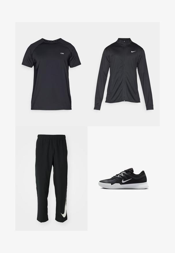 Jacket desportivo preto com mangas longas, colarinho e fecho zip completo. Apresenta um discreto logotipo da Nike em branco na parte superior do lado esquerdo do peito. Textura suave.; T-shirt atlético preto de manga curta, feito de tecido suave e que absorve a humidade, apresentando um decote redondo e um pequeno logótipo no peito.; Calças atléticas pretas com cintura elástica, design afunilado, apresentando um grande logótipo branco da Nike na perna esquerda. Tecido macio e leve.; Sapatilha atlética preta com um cabedal texturizado, swoosh branco da Nike e uma sola de borracha branca. Apresenta um design com atacadores e uma forma dinâmica.