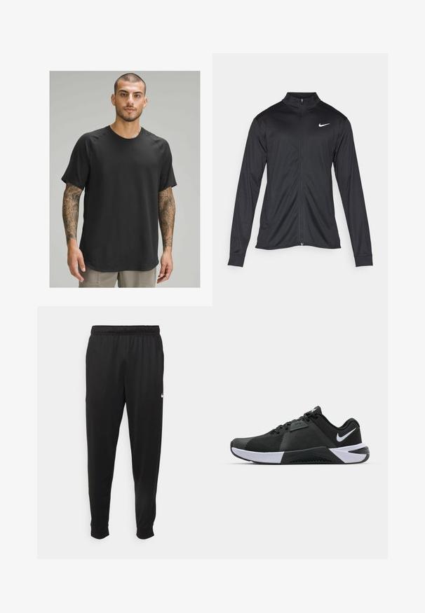 Melna sporta jaka ar garām piedurknēm, apkakli un pilnu rāvējslēdzēju. Uz kreisā krūts augšdaļas ir maigs Nike logo baltā krāsā. Gluda tekstūra.; Melns īsām piedurknēm sporta krekls ar apaļu kaklu, teksturēta auduma un raglanu piedurknēm, ko valkā modelis ar tetovējumiem.; Melnas sporta bikses, kas izgatavotas no gludas auduma, ar elastīgu jostu, sašaurinošām kājām un mazu balto logo kreisajā pusē.; Nike Performance METCON 10 - Treniņkurpes - black/white/anthracite