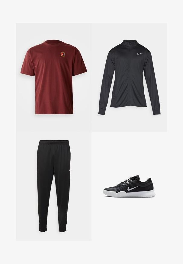 Must värvi sportlik jakk pikkade varrukatega, krae ja täispikk tõmblukk. Ülemises vasakus rinnas on diskreetne valge Nike logo. Sile tekstuur.; Burgundi värvi puuvillane T-särk, millel on ümar kaelus ja lühikesed varrukad. Esiküljel on vasakul rinnal väike, värviline logo.; Mustad mustekad athletic-püksid sujuvast kangast, elastse vöökoha, kitsenevate jalgade ja väikese valge logoga vasakul küljel.; Must mustad jalanikesad rikaste ülaservaga, valge Nike swoosh'i ja valge kummist välispõhjaga. Omab paeltega sulgemisdetaili ja dünaamilist kuju.