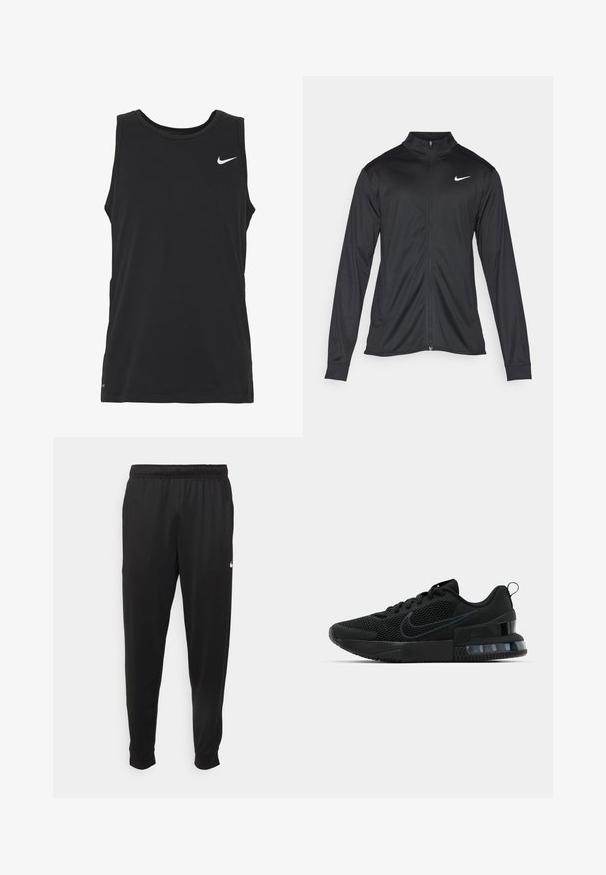 Jachetă sportivă neagră cu mâneci lungi, guler și fermoar complet. Prezintă un logo Nike subtil, alb, pe pieptul din stânga sus. Textură netedă.; Un top sport fără mâneci, de culoare neagră, fabricat dintr-un amestec moale de bumbac. Are un guler rotund și un mic logo alb Nike pe piept.; Pantaloni sportivi negri dintr-o țesătură netedă, cu un elastic la brâu, picioare conice și un mic logo alb pe partea stângă.; Adidași negri Nike cu partea superioară din plasă, talpă texturată și unitate de aer vizibilă în călcâi. Accente și logo într-o nuanță mai închisă de negru.
