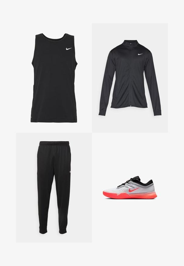 Black athletic jacket with long sleeves, collar, and full zipper. Features a subtle Nike logo in white on the upper left chest. Smooth texture.; Black sleeveless athletic tank top made of soft cotton blend. Features a round neckline and a small white Nike logo on the chest.; Black athletic pants made of smooth fabric, featuring an elastic waistband, tapered legs, and a small white logo on the left side.; White and black athletic shoe with bright orange sole and Nike swoosh, low-cut design, and textured grip on the front outsole.