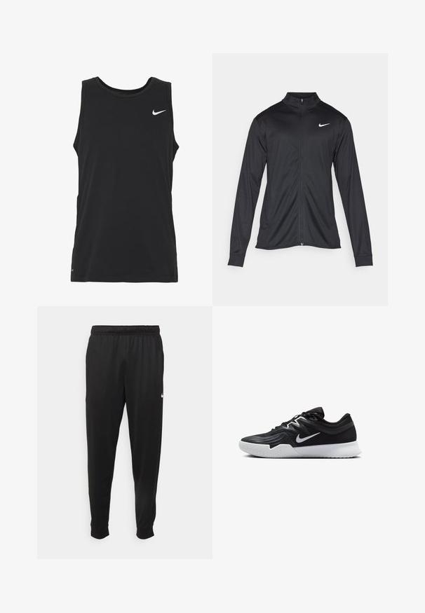 Chaqueta atlética negra con mangas largas, collar y cremallera completa. Presenta un sutil logo de Nike en blanco en la parte superior izquierda del pecho. Textura suave.; Camiseta sin mangas de entrenamiento negra, confeccionada en una suave mezcla de algodón. Presenta un cuello redondo y un pequeño logo de Nike blanco en el pecho.; Pantalones deportivos negros de tejido suave, con cintura elástica, perneras ajustadas y un pequeño logotipo blanco en el lado izquierdo.; Zapatilla deportiva negra con parte superior texturizada, logo de Nike en blanco y suela de goma blanca. Tiene un diseño con cordones y una forma dinámica.