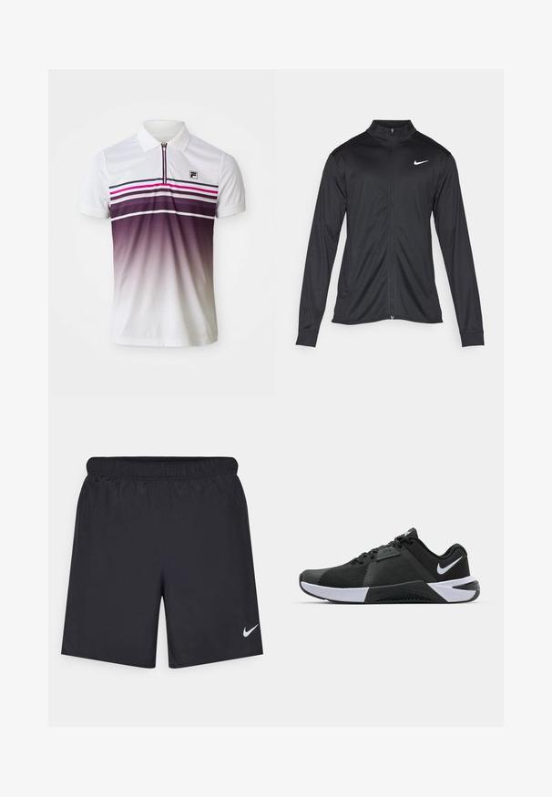 Zwarte sportjack met lange mouwen, kraag en volle rits. Voorzien van een subtiele Nike-logo in het wit op de bovenste linkerborst. Soepele textuur.; Witte polo met ritskraag, horizontale strepen in zwart, roze en paars, en een verlopen kleurverloop van paars naar wit aan de onderkant.; Zwarte sportshorts gemaakt van lichtgewicht materiaal met een elastische tailleband. Voorzien van een klein wit Nike-logo aan de onderzijde aan de linkerkant.; Nike Performance METCON 10 - Trainingsschoen - black/white/anthracite