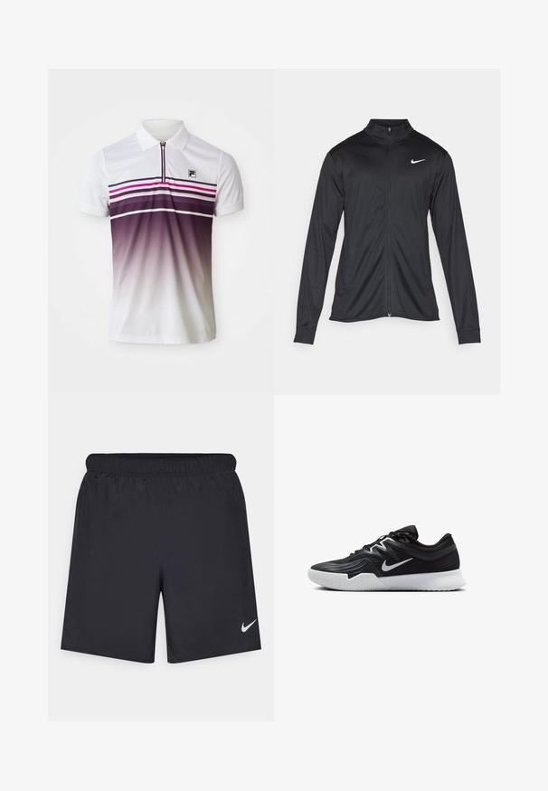 Must värvi sportlik jakk pikkade varrukatega, krae ja täispikk tõmblukk. Ülemises vasakus rinnas on diskreetne valge Nike logo. Sile tekstuur.; Valge polo särk, millel on luku kaelus, horisontaalsed triibud mustas, roosas ja lillakas toonis ning gradient kaob allapoole, muutudes lillast valgeks.; Mustad mustikud lühikesed püksid, mis on valmistatud kergest materjalist ja millel on elastne vöökoht. Alumisel vasakul küljel on väike valge Nike logo.; Must mustad jalanikesad rikaste ülaservaga, valge Nike swoosh'i ja valge kummist välispõhjaga. Omab paeltega sulgemisdetaili ja dünaamilist kuju.