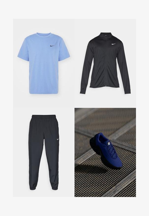 Svart idrettsjakke med lange ermer, krage og full glidelås. Har en subtil Nike-logo i hvitt på øvre venstre bryst. Glatt tekstur.; Nike Performance HYVERSE - T-skjorte til trening - royal pulse/black; Svarte joggebukser laget av lett stoff med elastisk midje, ankelmanchetter og en diskret Nike-logo på venstre side.; Blå idrettssko med teksturert overdel, svart såle og snører. Har "air" merkevare på tungen og synlige luftputeelementer.