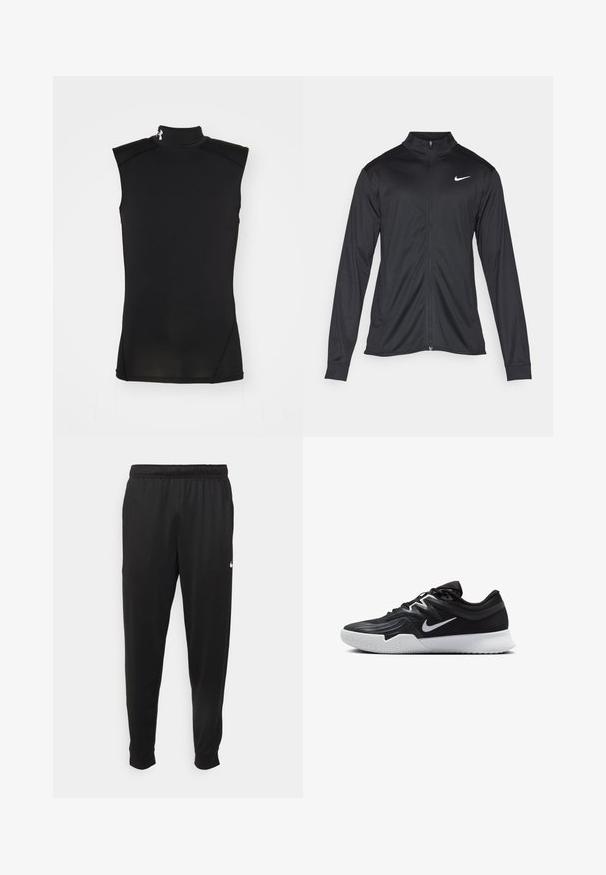 Veste de sport noire à manches longues, avec col et fermeture éclair intégrale. Présente un logo Nike subtil en blanc sur le côté supérieur gauche de la poitrine. Texture lisse.; Haut sans manches noir à col montant, fabriqué en tissu lisse et extensible. Présente des coutures plates et un discret accent de logo au niveau du col.; Pantalon de sport noir en tissu lisse, avec une taille élastique, des jambes fuselées et un petit logo blanc sur le côté gauche.; Chaussure de sport noire avec une tige texturée, un swoosh blanc de Nike et une semelle extérieure en caoutchouc blanc. Elle présente un design à lacets et une forme dynamique.