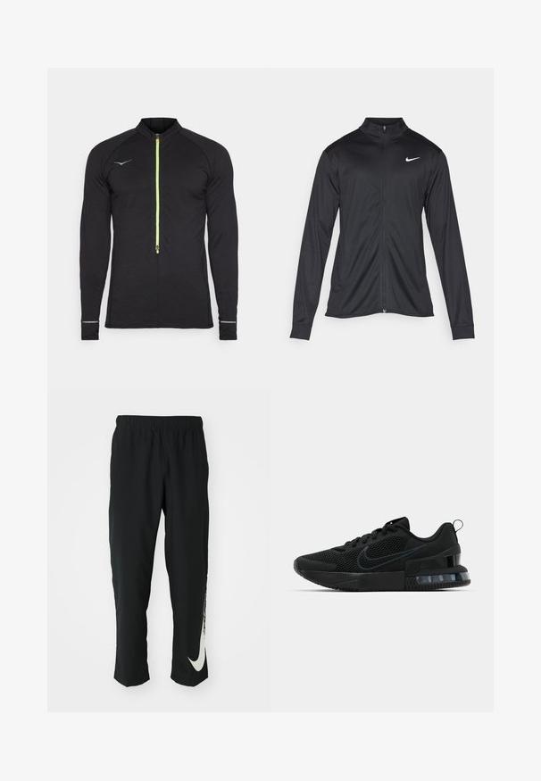 Musta urheilutakki pitkillä hihoilla, kauluksella ja kokonaisella vetoketjulla. Täydentää hienovarainen Nike-logo valkoisena vasemmassa ylärinnassa. Litteä pinta.; Musta pitkähihaisen urheilu paita, jossa on neljänneksen vetoketju edessä, heijastavat yksityiskohdat, rytmiläinen pinta ja neonvihreä vetoketju.; Mustat urheiluhousut, joissa on joustava vyötärö, kapeneva muotoilu ja suuri valkoinen Nike-logo vasemmassa lahkeessa. Pehmeä, kevyt kangas.; Musta Nike urheilukenkä, jossa on verkkomateriaali yläosa, kumipohja, pehmustettu nilkkaosa ja erottuva läpinäkyvä kantaaksentti.