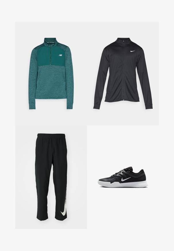 Fekete sportdzseki hosszú ujjal, gallérral és teljes cipzárral. Diszkrét fehér Nike logóval az upper bal mellen. Sima textúra.; New Balance ATHLETICS GRID 1/2 ZIP - Hosszú ujjú felső - new spruce; Fekete sportnadrág rugalmas derékpánttal, szűkített kialakítással, az előtérben egy nagy fehér Nike logóval a bal lábon. Puha, könnyű anyag.; Fekete sportcipő texturált felsőrésszel, fehér Nike logóval és fehér gumitalppal. Fűzős kialakítással és dinamikus formával rendelkezik.