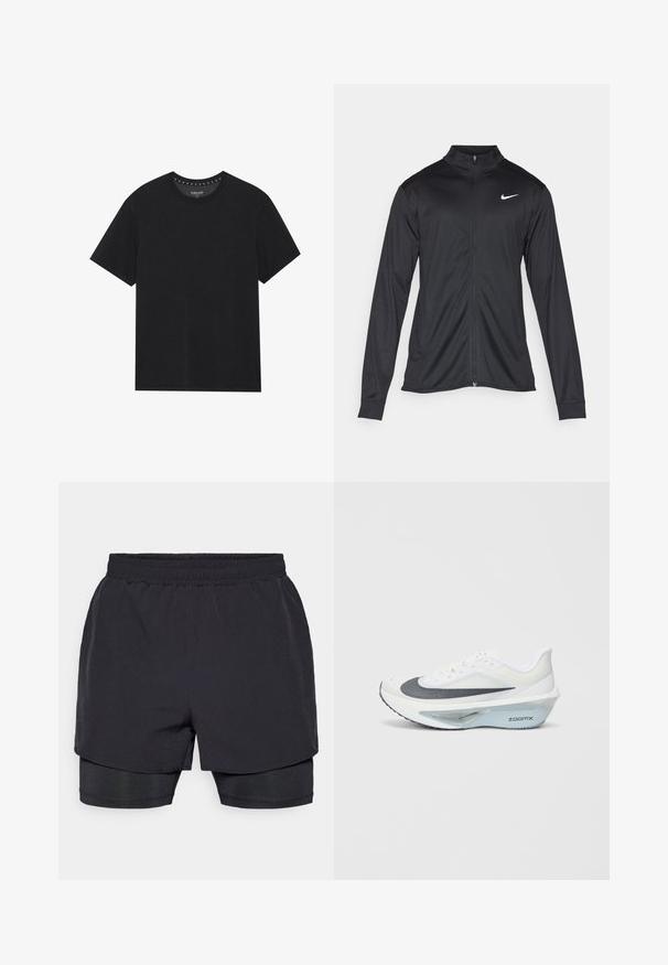 Jacket desportivo preto com mangas longas, colarinho e fecho zip completo. Apresenta um discreto logotipo da Nike em branco na parte superior do lado esquerdo do peito. Textura suave.; T-shirt de algodão preto com gola redonda, mangas curtas e um design liso. Apresenta pequenos detalhes na gola.; Calções atléticos pretos com um cós elástico, design em camadas e um forro ajustado. Textura suave, projetados para conforto.; Sapatilha atlética branca com parte superior em malha cinza, entressola em espuma ZoomX azul e sola curvada para maior propulsão e conforto.
