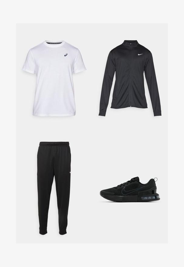 Black athletic jacket with long sleeves, collar, and full zipper. Features a subtle Nike logo in white on the upper left chest. Smooth texture.; ASICS ROAD GRAPHIC TEE MEN - Print T-shirt - brilliant white; Black athletic pants made of smooth fabric, featuring an elastic waistband, tapered legs, and a small white logo on the left side.; Black Nike sneakers featuring a mesh upper, textured sole, and a visible air unit in the heel. Accents and logo in a darker shade of black.