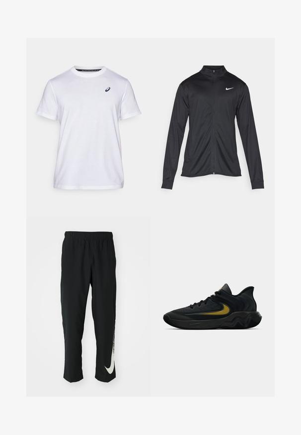 Black athletic jacket with long sleeves, collar, and full zipper. Features a subtle Nike logo in white on the upper left chest. Smooth texture.; ASICS ROAD GRAPHIC TEE MEN - Print T-shirt - brilliant white; Black athletic pants with elastic waistband, tapering design, featuring a large white Nike logo on the left leg. Soft, lightweight fabric.; Black and dark gray athletic shoe with black laces and gold swoosh logo, featuring a wavy sole design and padded heel collar.