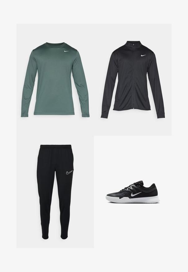 Schwarze Sportjacke mit langen Ärmeln, Kragen und voller Reißverschluss. Verfügt über ein dezentes Nike-Logo in Weiß auf der oberen linken Brust. Glatte Textur.; Nike Performance TEE RESET - Langarmshirt - vintage green/matte silver; Schwarze sportliche Jogginghosen mit elastischem Bund, slim fit und weißem Nike-Logo auf der linken Seite. Weicher Stoff mit glatter Textur.; Schwarzer Sportschuh mit strukturiertem Obermaterial, weißem Nike-Warenzeichen und einer weißen Gummisohle. Verfügt über ein Schnürdesign und eine dynamische Form.