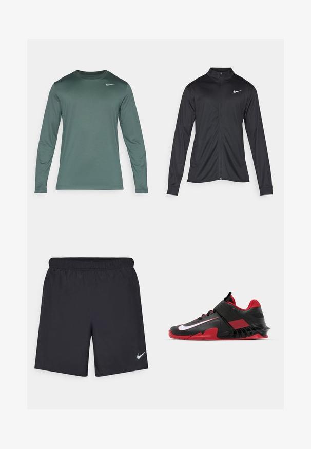 Svart idrettsjakke med lange ermer, krage og full glidelås. Har en subtil Nike-logo i hvitt på øvre venstre bryst. Glatt tekstur.; Nike Performance TEE RESET - Topper langermet - vintage green/matte silver; Svart sportskjørt laget av lett materiale med elastisk linning. Har en liten hvit Nike-logo nederst til venstre.; Sorte og røde treningssko med et slankt design, teksturert mesh-overdel, solid gummisåle og fremtredende hvit logo-akse.