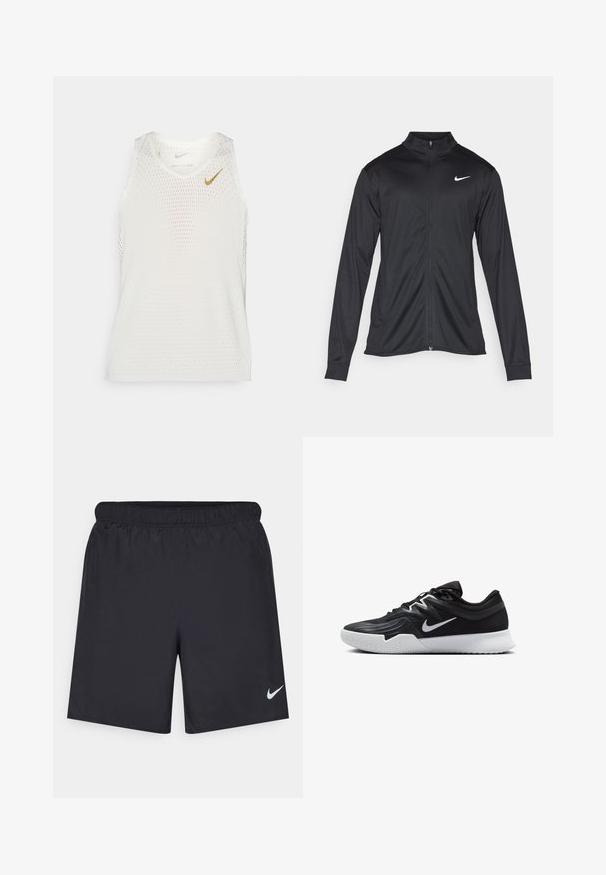 Jachetă sportivă neagră cu mâneci lungi, guler și fermoar complet. Prezintă un logo Nike subtil, alb, pe pieptul din stânga sus. Textură netedă.; Top perforat alb, fără mâneci, cu decolteu rotund și un mic logo auriu Nike pe pieptul stâng. Design ușor și respirabil.; Pantaloni scurți atletici negri, fabricați dintr-un material ușor, cu un talie elastică. Au un mic logo alb Nike în partea stângă jos.; Pantof sport negru cu un superior texturat, swoosh alb Nike și o tălpică din cauciuc alb. Dispune de un design cu șireturi și o formă dinamică.