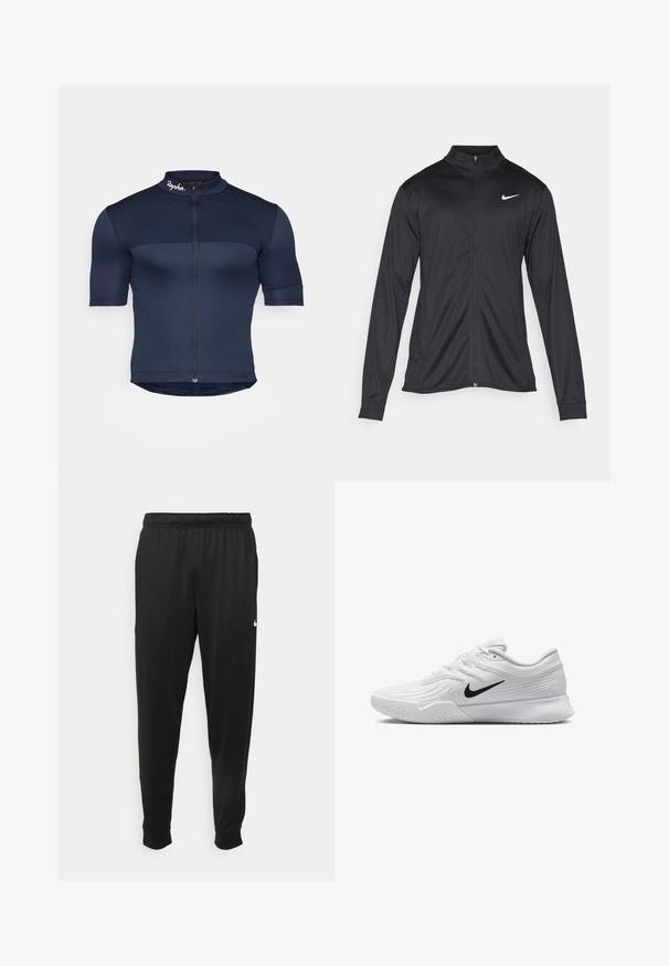Černá sportovní bunda s dlouhými rukávy, límcem a plným zipem. Má decentní bílou logo značky Nike na horní levé části hrudi. Hladká textura.; Námořnický cyklistický dres s krátkým rukávem, s předním zipem, texturovanou tkaninou a vysokým límcem s malým logem na krku.; Černé sportovní kalhoty vyrobené z hladké tkaniny, s elastickým pasem, zúženými nohavicemi a malým bílým logem na levé straně.; Bílá sportovní obuv s texturovaným síťovaným svrchním materiálem, černým logem Nike, polstrovaným límcem a gumovou podrážkou s vzorkem na běhání.