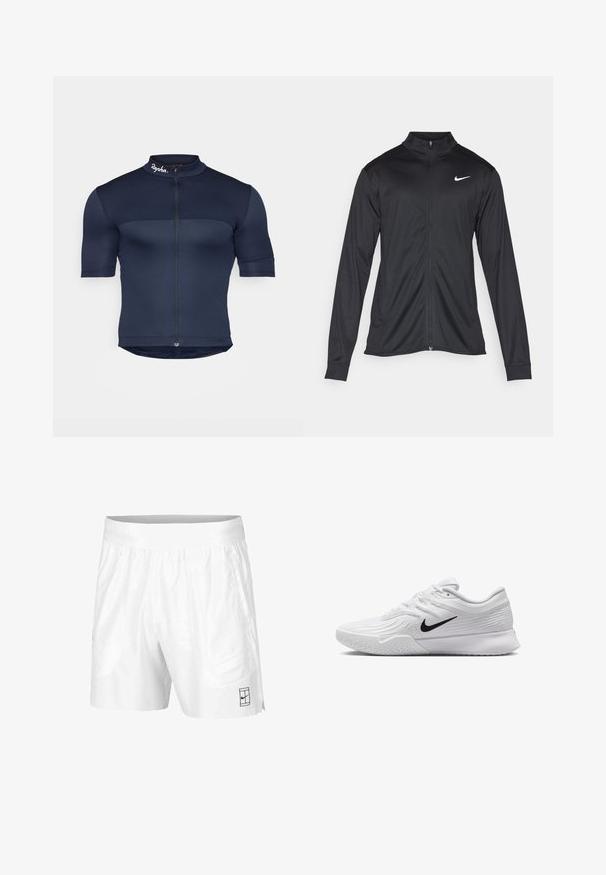 Schwarze Sportjacke mit langen Ärmeln, Kragen und voller Reißverschluss. Verfügt über ein dezentes Nike-Logo in Weiß auf der oberen linken Brust. Glatte Textur.; Navy Radtrikot mit kurzen Ärmeln, ausgestattet mit einem Reißverschluss auf der Vorderseite, strukturiertem Stoff und einem hohen Kragen mit einem kleinen Logo am Hals.; Weiße Sportshorts aus leichtem Gewebe mit einem elastischen Bund, ausgestattet mit zwei Seitentaschen und einem kleinen schwarzen Logo am Saum.; Weißer Sportschuh mit strukturiertem Mesh-Obermaterial, schwarzem Nike-Swoosh, gepolstertem Kragen und Gummisohle mit einem Profilmuster.
