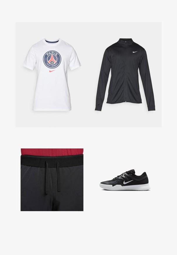 Melna sporta jaka ar garām piedurknēm, apkakli un pilnu rāvējslēdzēju. Uz kreisā krūts augšdaļas ir maigs Nike logo baltā krāsā. Gluda tekstūra.; Balta kokvilnas T-kreklu ar apaļo Parīzes Saint-Germain logo zilā, sarkanā un dzeltenā krāsā ar mazu sarkanu Nike svītru. Īsas Piedurknes.; Melnas sporta bikses ar plašu jostas vietu un ārēju savelkamo auklu. Audums ir gluds ar nelielu spīdumu un bez redzamām rakstām.; Melni sporta apavi ar teksturētu virsu, balto Nike zulumu un balto gumijas zoli. Iezīmējas ar auklu pievilkšanas dizainu un dinamisku formu.