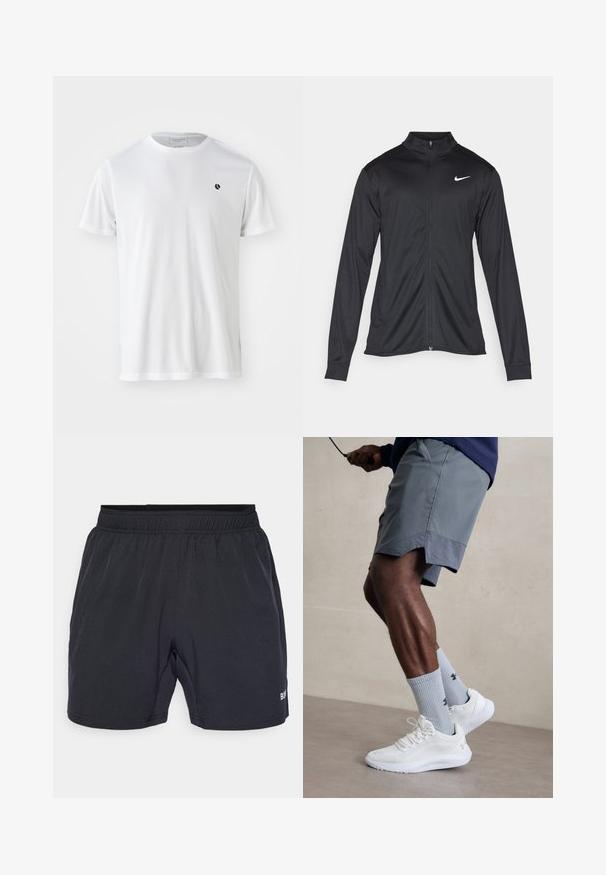 Fekete sportdzseki hosszú ujjal, gallérral és teljes cipzárral. Diszkrét fehér Nike logóval az upper bal mellen. Sima textúra.; Fehér, rövid ujjú póló, texturált anyagból készült, kerek nyakkivágással és egy kis fekete logóval a mellkason.; Fekete rövidnadrág, elasztikus derékkal, sima, könnyű anyagból készült, kicsi logóval a jobb alsó oldalon.; Fehér sportcipők, amelyek texturált hálós felsőrésszel rendelkeznek, világoskék bordázott zoknival, amely logót visel. Szürke sportshortok perforált díszítéssel.