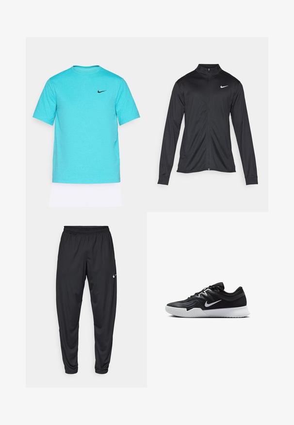 Must värvi sportlik jakk pikkade varrukatega, krae ja täispikk tõmblukk. Ülemises vasakus rinnas on diskreetne valge Nike logo. Sile tekstuur.; Türkiissinine lühikeste varrukatega Nike t-särk, mis on valmistatud siledast kangast; rinnal on must Nike logo. Sirge lõikega ja ümmarguse kaelusega.; Mustad sportpüksid elastse vöökoha, kitsenevate jalgade ja väikese valge Nike logo'ga vasakul reitel. Sile kangas, ilma mustriteta.; Must mustad jalanikesad rikaste ülaservaga, valge Nike swoosh'i ja valge kummist välispõhjaga. Omab paeltega sulgemisdetaili ja dünaamilist kuju.