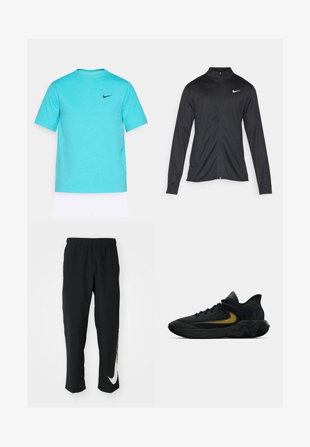 Svart idrettsjakke med lange ermer, krage og full glidelås. Har en subtil Nike-logo i hvitt på øvre venstre bryst. Glatt tekstur.; Turkise kortermet Nike T-skjorte laget av et glatt stoff; har en svart Nike-logo på brystet. Rett passform med rund hals.; Svarte treningbukser med elastisk midje, smalere design, med en stor hvit Nike-logo på venstre bein. Myk, lett stoff.; Svart og mørkegrå idrettssko med svarte lisser og gull swoosh-logo, med en bølget såle design og polstret hælkollare.