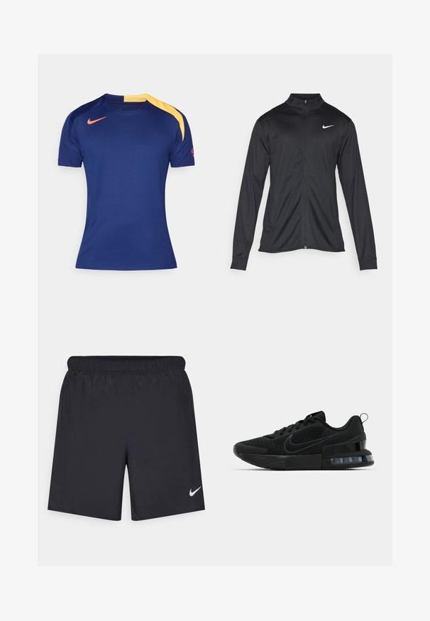 Crna sportska jakna s dugim rukavima, ovratnikom i punim patentnim zatvaračem. Ima suptilan Nike logo u bijeloj boji na gornjem lijevom dijelu prsne oznake. Glatka tekstura.; Tamno plava sportska majica kratkih rukava s žutom ramenom i crvenim Nike logom na prsima i rukavima.; Crne atletske kratke hlače od laganog materijala s elastičnom tačkom. Imaju mali bijeli Nike logo na donjoj lijevoj strani.; Crne Nike tenisice s mrežastim gornjim dijelom, teksturiranim potplatom i vidljivom zračnom jedinicom u peti. Naglasci i logo u tamnijoj nijansi crne.