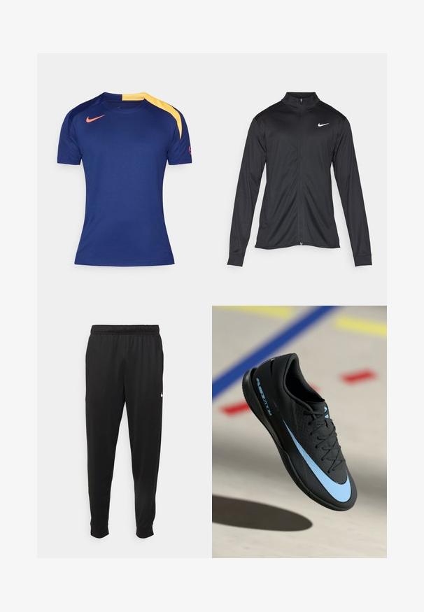 Musta urheilutakki pitkillä hihoilla, kauluksella ja kokonaisella vetoketjulla. Täydentää hienovarainen Nike-logo valkoisena vasemmassa ylärinnassa. Litteä pinta.; T-paita lyhyillä hihoilla, tummansininen, jossa on keltainen olkaluoto ja punainen Nike-logo rinnassa ja hihassa.; Mustat urheiluhousut, jotka on valmistettu sileästä kankaasta. Niissä on joustava vyötärö, kapenevat lahkeet ja pieni valkoinen logo vasemmalla puolella.; Mustat urheilukengät sinisillä yksityiskohdilla, teksturoitu pinta, nauhallinen muotoilu ja erottuva Nike-logo. Kumipohja, jossa on pitoprofiilit.