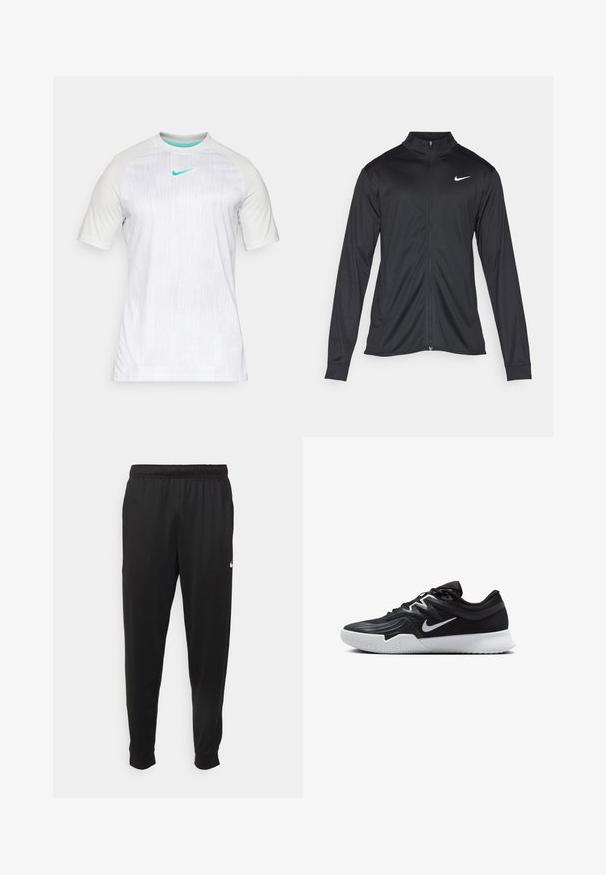 Must värvi sportlik jakk pikkade varrukatega, krae ja täispikk tõmblukk. Ülemises vasakus rinnas on diskreetne valge Nike logo. Sile tekstuur.; Nike Performance TOP - Spordi T-särk - photon dust/dynamic turquoise; Mustad mustekad athletic-püksid sujuvast kangast, elastse vöökoha, kitsenevate jalgade ja väikese valge logoga vasakul küljel.; Must mustad jalanikesad rikaste ülaservaga, valge Nike swoosh'i ja valge kummist välispõhjaga. Omab paeltega sulgemisdetaili ja dünaamilist kuju.