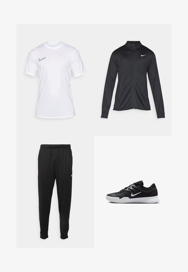 Černá sportovní bunda s dlouhými rukávy, límcem a plným zipem. Má decentní bílou logo značky Nike na horní levé části hrudi. Hladká textura.; Bílé sportovní tričko vyrobené z lehké tkaniny, s kulatým výstřihem, krátkými rukávy a černým logem Nike na horní levé straně.; Černé sportovní kalhoty vyrobené z hladké tkaniny, s elastickým pasem, zúženými nohavicemi a malým bílým logem na levé straně.; Černá atletická bota s texturovaným svrškem, bílým logem Nike a bílou gumovou podrážkou. Disponuje šněrovacím designem a dynamickým tvarem.