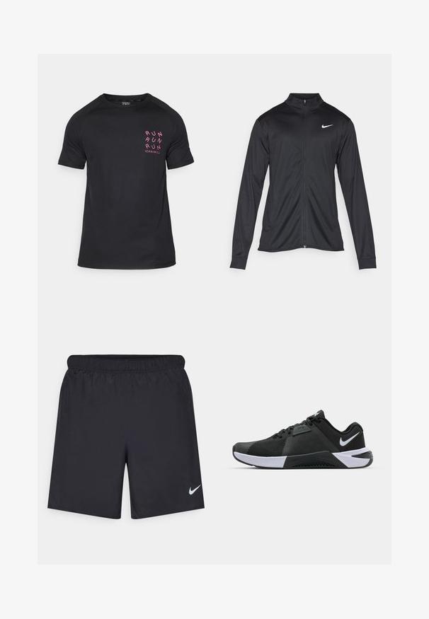 Melna sporta jaka ar garām piedurknēm, apkakli un pilnu rāvējslēdzēju. Uz kreisā krūts augšdaļas ir maigs Nike logo baltā krāsā. Gluda tekstūra.; Melnas sporta T-krekls ar īsām piedurknēm, apaļu apkakli un rozā tekstu "RUN RUN RUN" kreisajā krūšu pusē. Gluda, viegla auduma struktūra.; Melnas sporta šorti, izgatavoti no viegla materiāla, ar elastīgu jostu. Uz apakšējā kreisā stūra ir neliels balts Nike logo.; Nike Performance METCON 10 - Treniņkurpes - black/white/anthracite