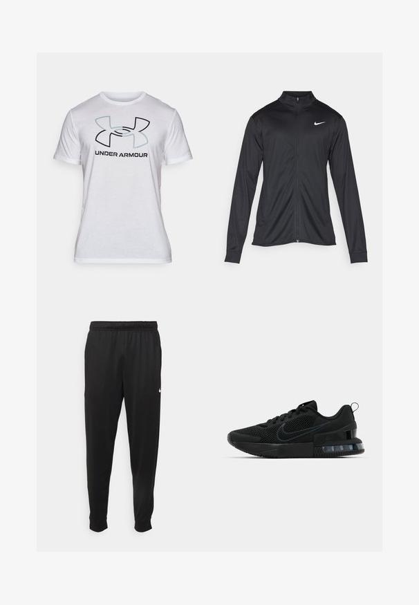 Crna sportska jakna s dugim rukavima, ovratnikom i punim patentnim zatvaračem. Ima suptilan Nike logo u bijeloj boji na gornjem lijevom dijelu prsne oznake. Glatka tekstura.; Bijela pamučna majica kratkih rukava s velikim crnim i svijetloplavim logom Under Armour na prednjoj strani. Glatka tekstura, klasičan kroj.; Crne atletske hlače od glatkog materijala, s elastičnom pasicom, sužavajućim nogavicama i malim bijelim logom na lijevoj strani.; Crne Nike sportske tenisice s mrežastim gornjim dijelom, gumenim potplatom, podstavljenim ovratnikom i istaknutim prozirnim akcentom na peti.
